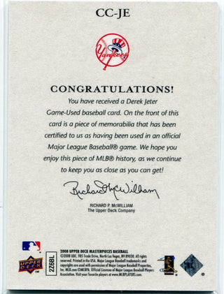 Derek Jeter 2008 Upper Deck Masterpieces Captured On Canvas Jersey Card #CC-JE