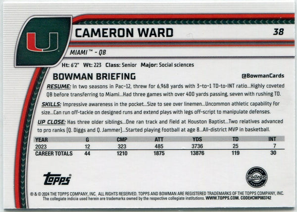 Cameron Ward 2024 Bowman Chrome University Teal Lava Refractor Card #38