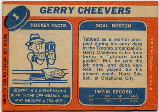 Gerry Cheevers 1968 - 1969 Topps Card #1
