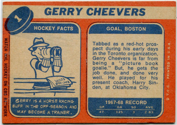 Gerry Cheevers 1968 - 1969 Topps Card #1