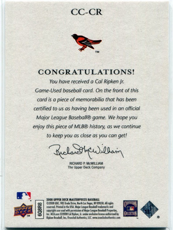 Cal Ripken Jr 2008 Upper Deck Masterpieces Captured On Canvas Jersey Card #CC-CR