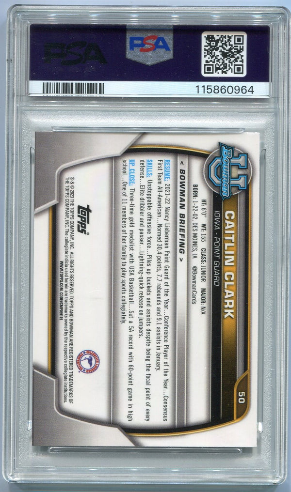 Caitlin Clark 2022 Bowman University Chrome RC #50 PSA Graded 9