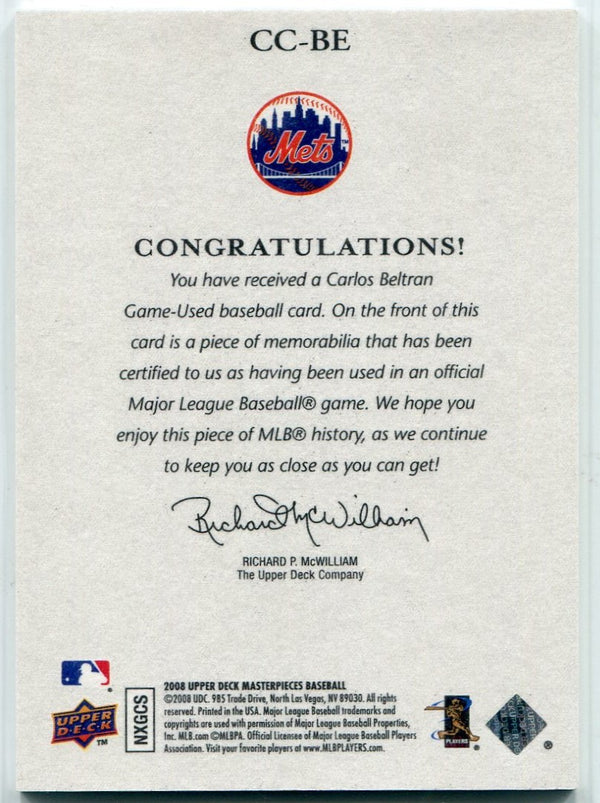 Carlos Beltran 2008 Upper Deck Masterpieces Captured On Canvas Jersey Card #CC-BE