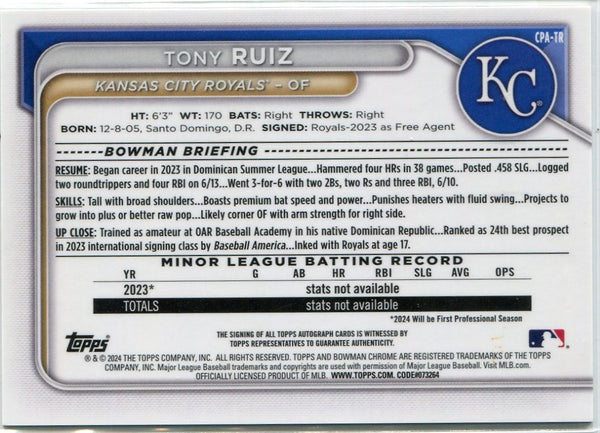 Tony Ruiz 2024 Bowman Chrome Prospects 1st Bowman Card AUTO Gold Refractor RC 14/50