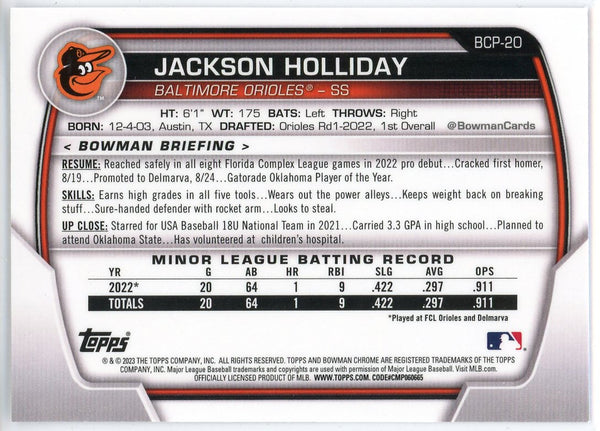 JACKSON HOLLIDAY 2023 Bowman Prospects Card #BP20 Baseball Rookie RC Baltimore  Orioles at 's Sports Collectibles Store