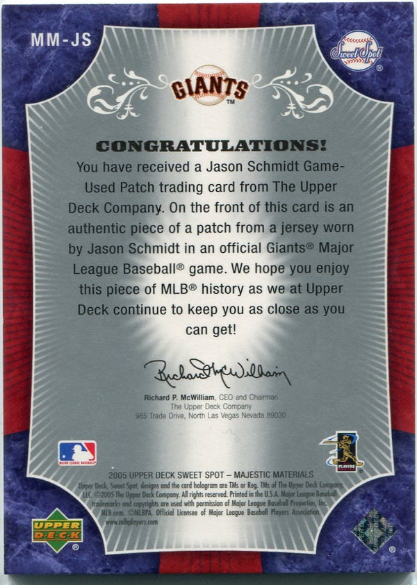 Jason Schmidt 2005 Upper Deck Sweet Spot Majestic Materials 3 Color Patch Card #MM-JS 17/35