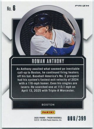 Roman Anthony 2025 Panini Prizm Talisman Red Pulsar Prizm Card #6 8/399
