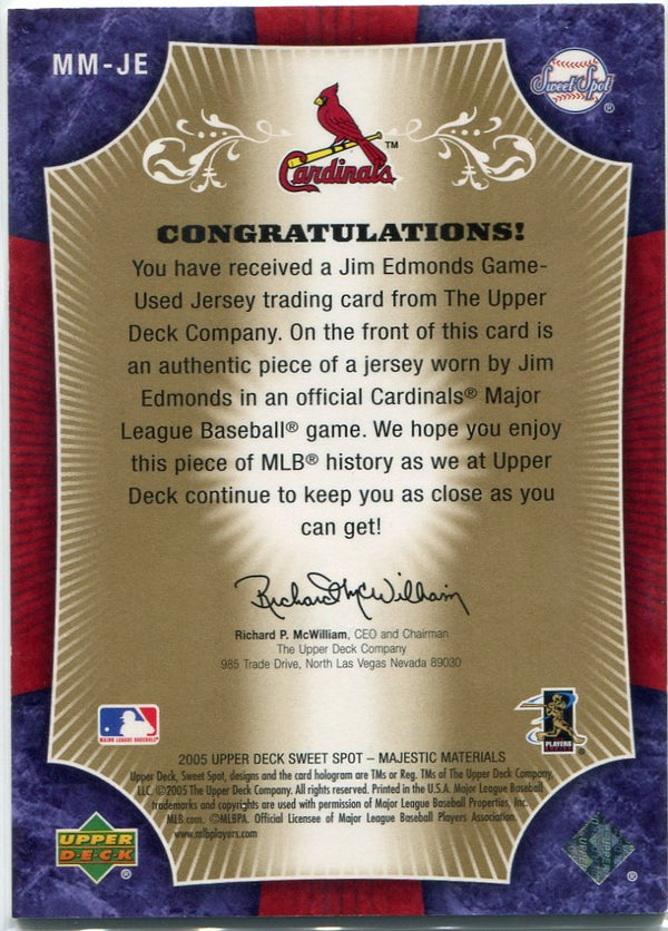 Jim Edmonds 2005 Upper Deck Sweet Spot Majestic Materials Jersey Card #MM-JE 45/75
