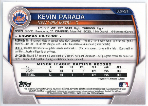 Kevin Parada 2023 Bowman Chrome Card #BCP-91
