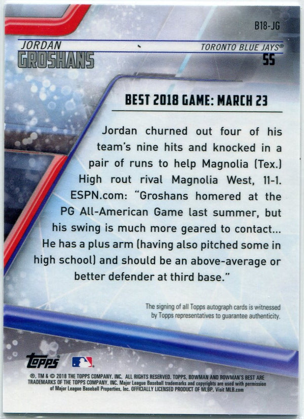 Jordan Groshans 2018 Bowman's Best Autographed RC #B18-JG