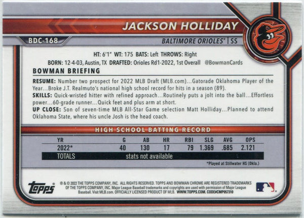 Jackson Holliday 2022 Bowman Draft Chrome RC #BDC-168