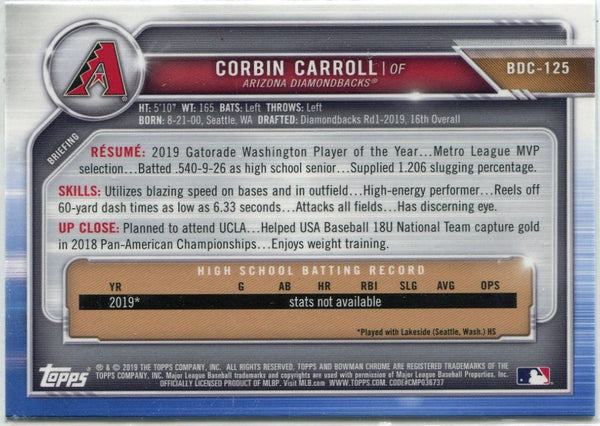 Corbin Carroll 2019 Bowman Draft Chrome RC #BDC-125