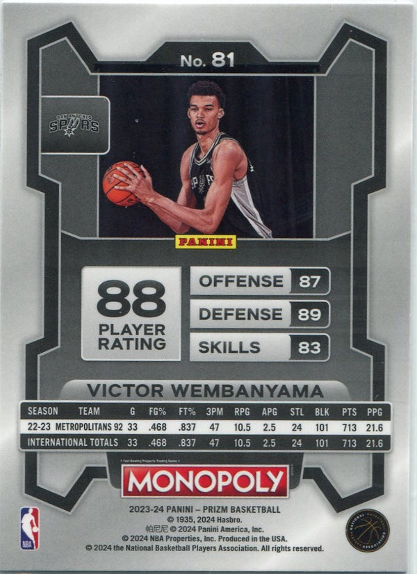 Victor Wembanyama 2023 - 2024 Panini Prizm Monopoly RC #81