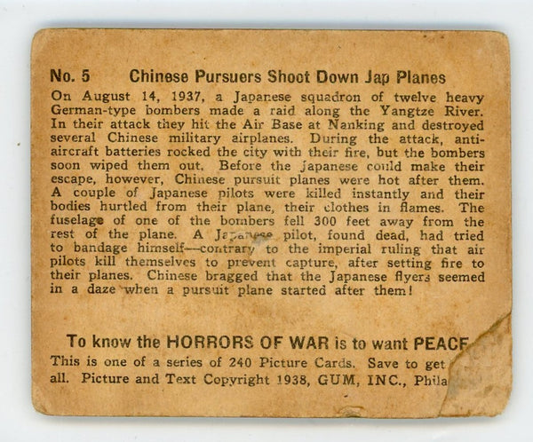 Chinese Pursuers Shoot Down Jap Planes 1938 Gum #5 Card