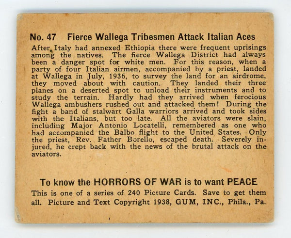 Fierce Wallega Tribesmen Attack Italian Aces Horrors Of War 1938 Gum #47 Card