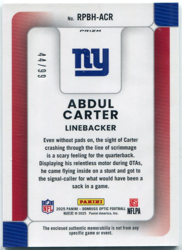 Abdul Carter 2025 Panini Donruss Optic Rookie Phenom 2 Color Patch Yellow Prizm RC #RPBH-ACR 44/99