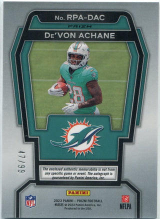 De'Von Achane 2023 Panini Prizm Jersey & Autographed Silver Prizm RC #RPA-DAC 47/99