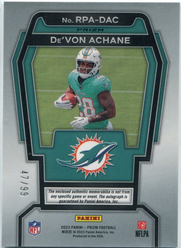 De'Von Achane 2023 Panini Prizm Jersey & Autographed Silver Prizm RC #RPA-DAC 47/99
