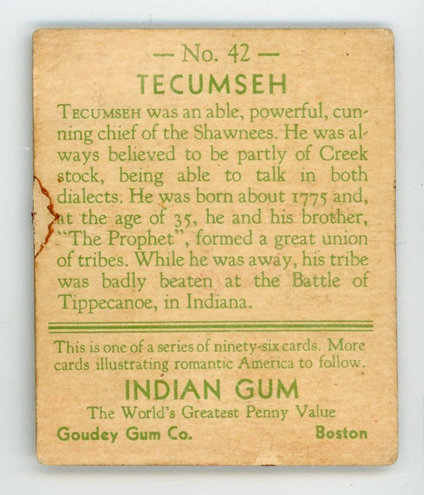 Techumseh Indian Gum Goudey Gum #42 Card