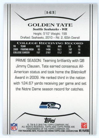 Golden Tate 2010 Topps Prime Rookie Card #143