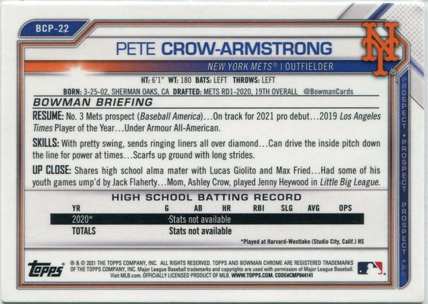 Pete Crow-Armstrong 2021 Bowman Chrome Prospects Card #BCP-22