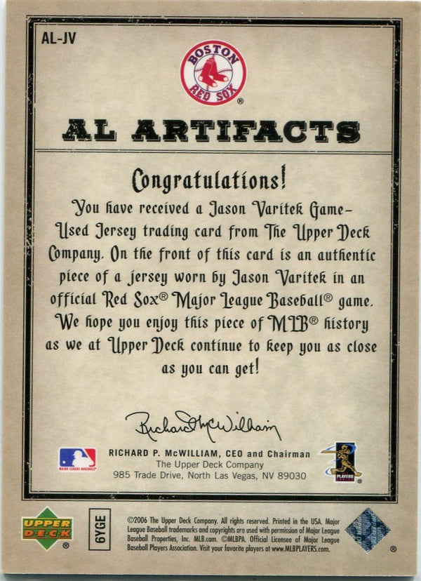 Jason Varitek 2006 Upper Deck Artifacts Jersey Card #AL=JV 13/150