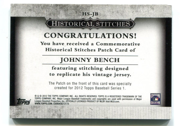 Johnny Bench 2012 Topps Historical Patches #HSJB Card