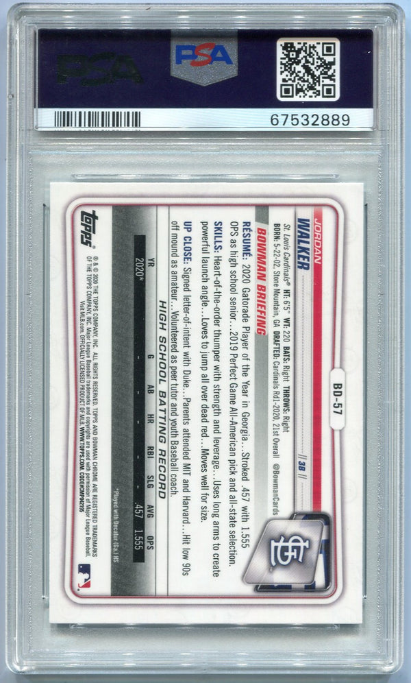 Jordan Walker 2020 Bowman Draft Chrome Sky Blue Refractor RC #BD57 PSA Graded 10