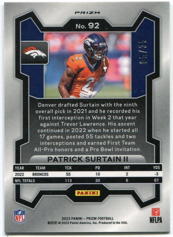 Patrick Surtain II 2023 Panini Prizm No Huddle Purple Prizm Card #92 5/35