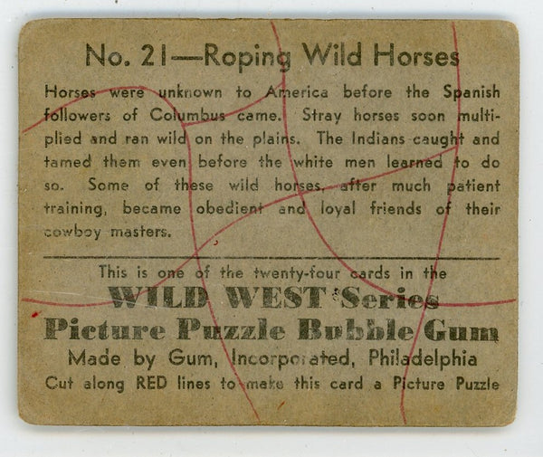 Roping Wild Horses Wild West Series Picture Puzzle Bubble Gum #21 Card