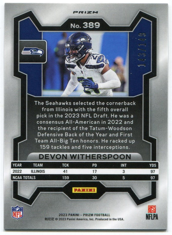 Devon Witherspoon 2023 Panini Prizm Red Wave Prizm RC #389 143/149