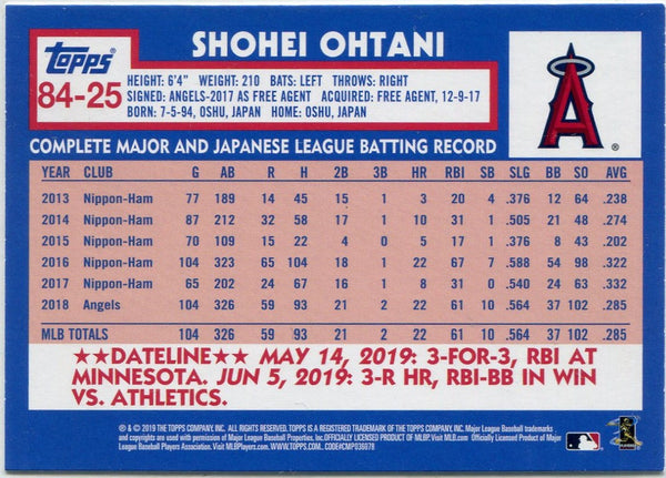 Shohei Ohtani 2019 Topps Update 1984 Throwback RC #84-25
