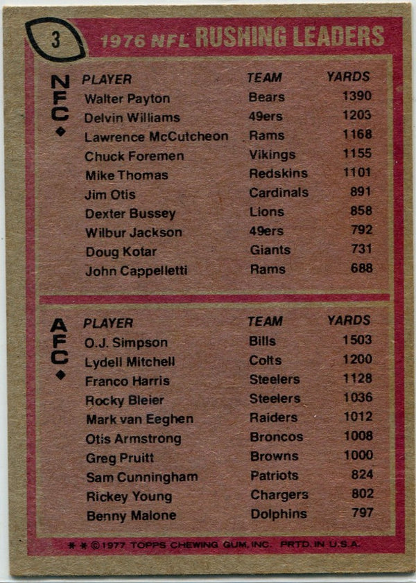 Walter Payton & O.J. Simpson 1977 Topps Rushing Leaders Card #3