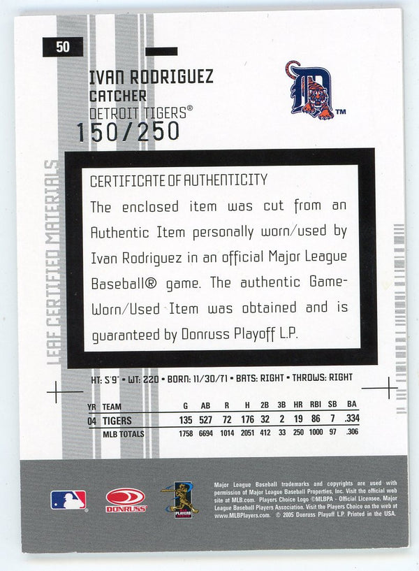 Ivan Rodriguez 2005 Leaf Certified Patch Relic #50