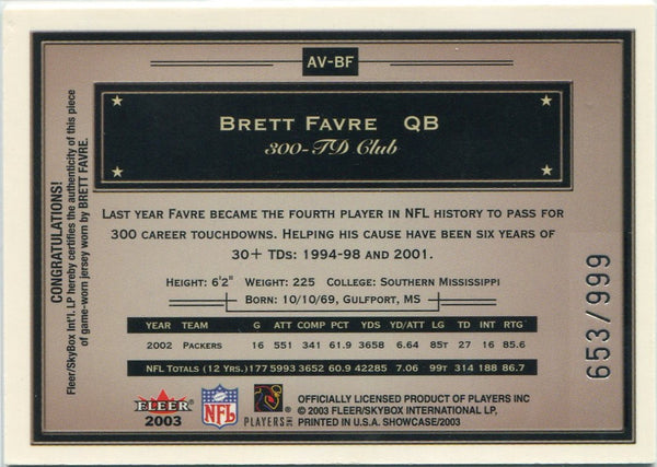 Brett Favre 2003 Fleer Showcase Avant Card Jersey Card #AV-BF 653/999