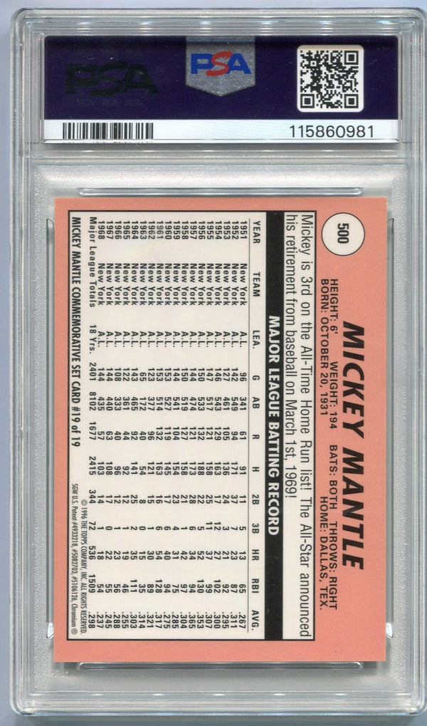 Mickey Mantle 1996 Topps Finest 1969 Reprint Refractor Card #19 W/Coating PSA Graded 7