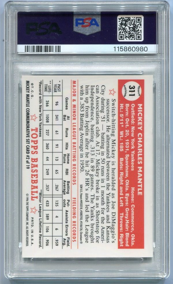 Mickey Mantle 1996 Topps Finest 1952 Reprint Refractor Card #2 W/Coating PSA Graded 6
