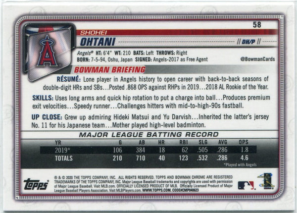Shohei Ohtani 2020 Bowman Chrome Card #58