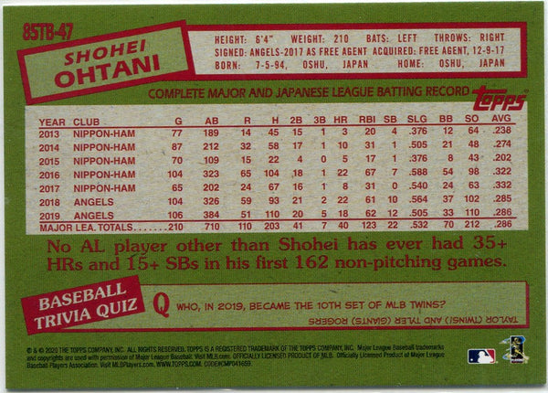 Shohei Ohtani 2020 Topps Update 35th Anniversary Card #85TB-47