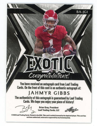 Jahmyr Gibbs 2023 Leaf Exotic Autographed Rookie Card #BA-JG1