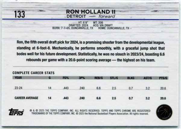 Ron Holland II 2024 - 2025 Topps Chrome Blue Refractor RC #133