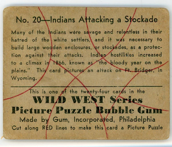 Indians Attacking a Stockade Wild West Series Picture Puzzle Bubble Gum #20 Card