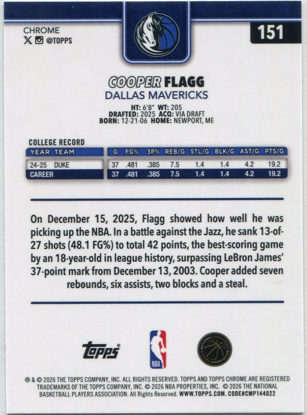 Cooper Flagg 2025 - 2026 Topps Chrome Update RayWave Refractor RC #151