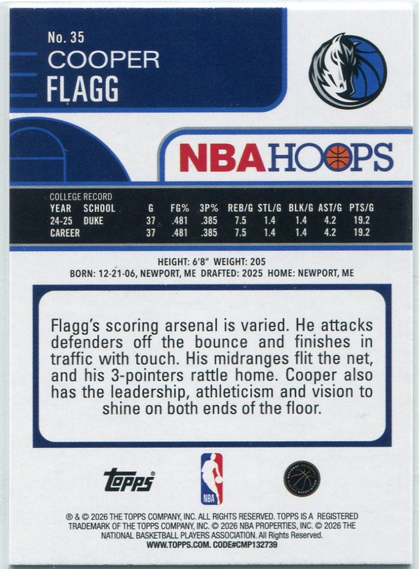 Cooper Flagg 2025 - 2026 Topps Hoops Green Parallel RC #35