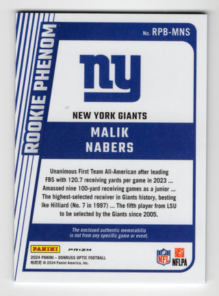 Malik Nabers 2024 Donruss Optic Rookie Phenoms Blue Hyper Jersey Card