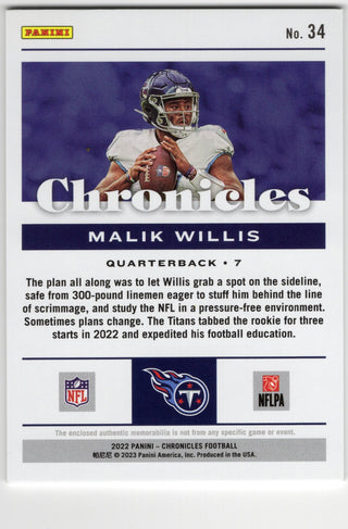 Malik Willis 2022 Panini Donruss Chronicles #34 Patch Card