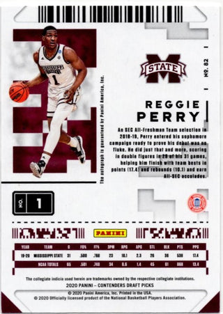 Reggie Perry 2020 Panini Contenders Draft Picks Game Ticket Auto #82