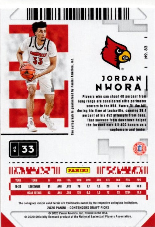Jordan Nwora Game Ticket Green AU 2020 Panini Contenders Draft Picks #83