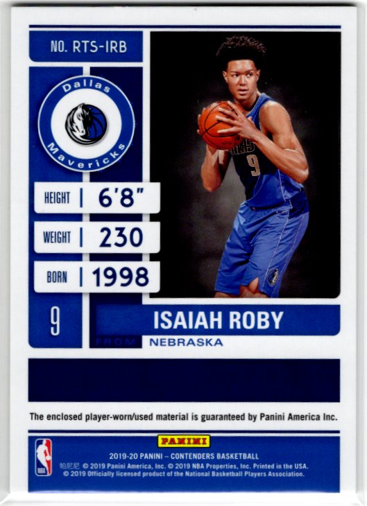 ISAIAH ROBY RC 2019-20 Panini Contenders Rookie Ticket Jersey Card #RTS-IRB