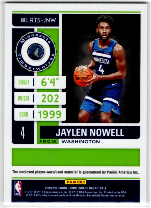 JAYLEN NOWELL 2019-20 CONTENDERS BASKETBALL #RTS-JNW JERSEY RELIC RC T-WOLVES
